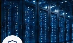 Rows of illuminated data center server racks representing information security