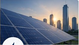 Solar panel array in front of a city skyline representing energy management